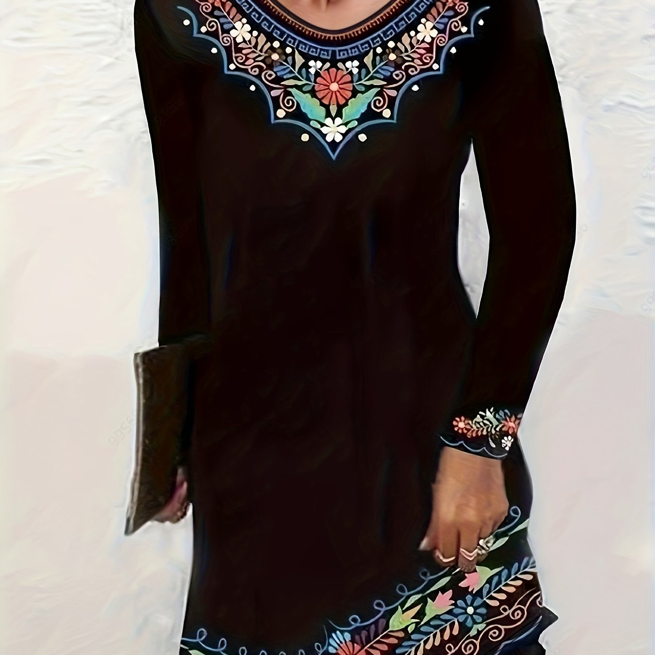 Border Floral Print Long Sleeve Round Neck Dress