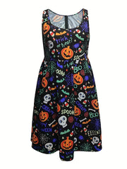 Halloween Casual Dress Women's Plus Pumpkin & Skull Print Tank Dress