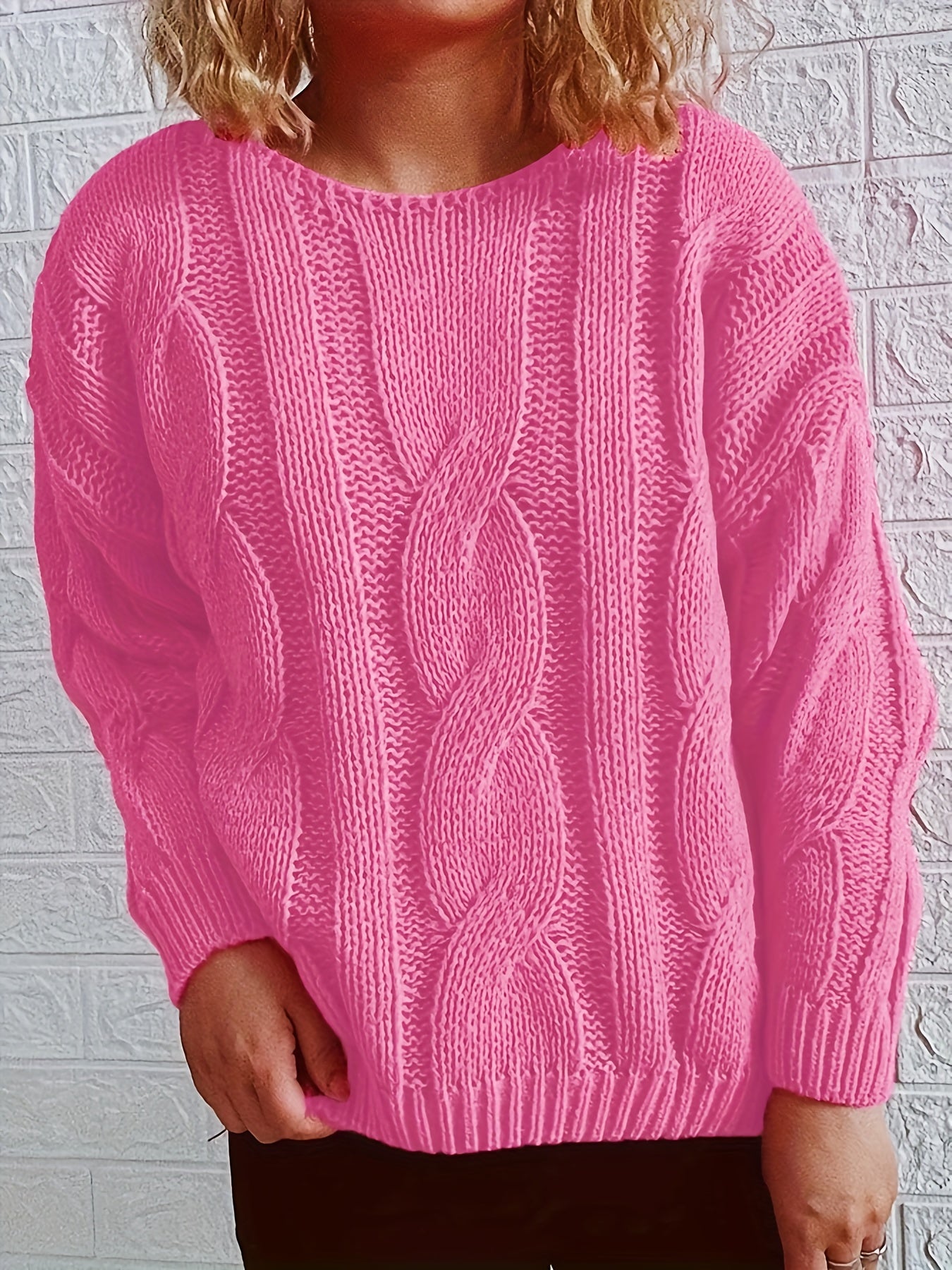 Casual Sweater Women's Plus Solid Cable Long Sleeve Round Neck Jumper