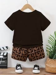 Boys Messenger Bag Print T Shirt & Geometry Print Shorts Set