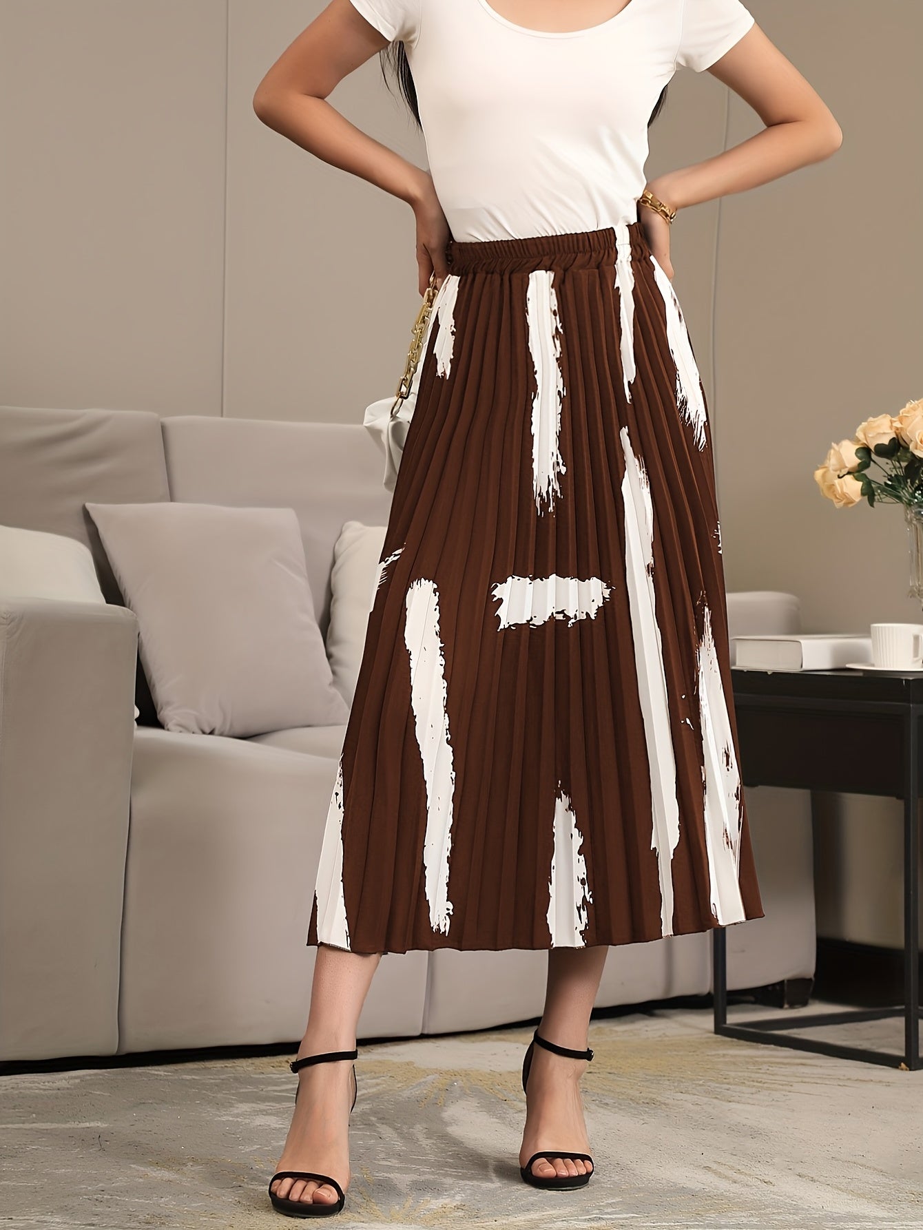 Print Pleated Skirts Random Printing High Waist Women's Clothing