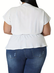Casual Blouse Women's Plus Plain Button Short Sleeve