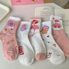 5 Pairs Soft Pink & Cartoon Crew Socks Pack Women's Stockings
