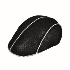 Rhinestone Decor Lace Beret Flat Hat Hollow Out Lightweight Cap For Women