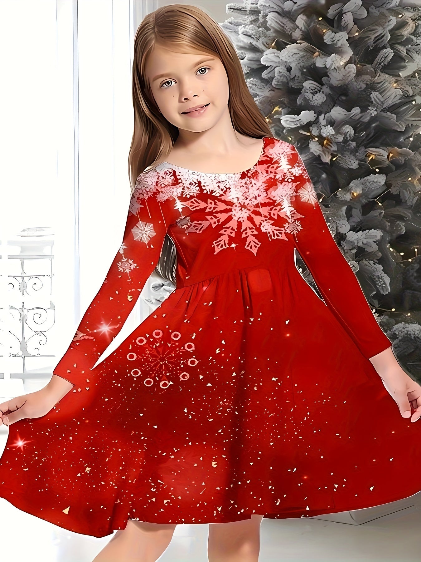 Girls 3D Snow Print Christmas Tree Dress