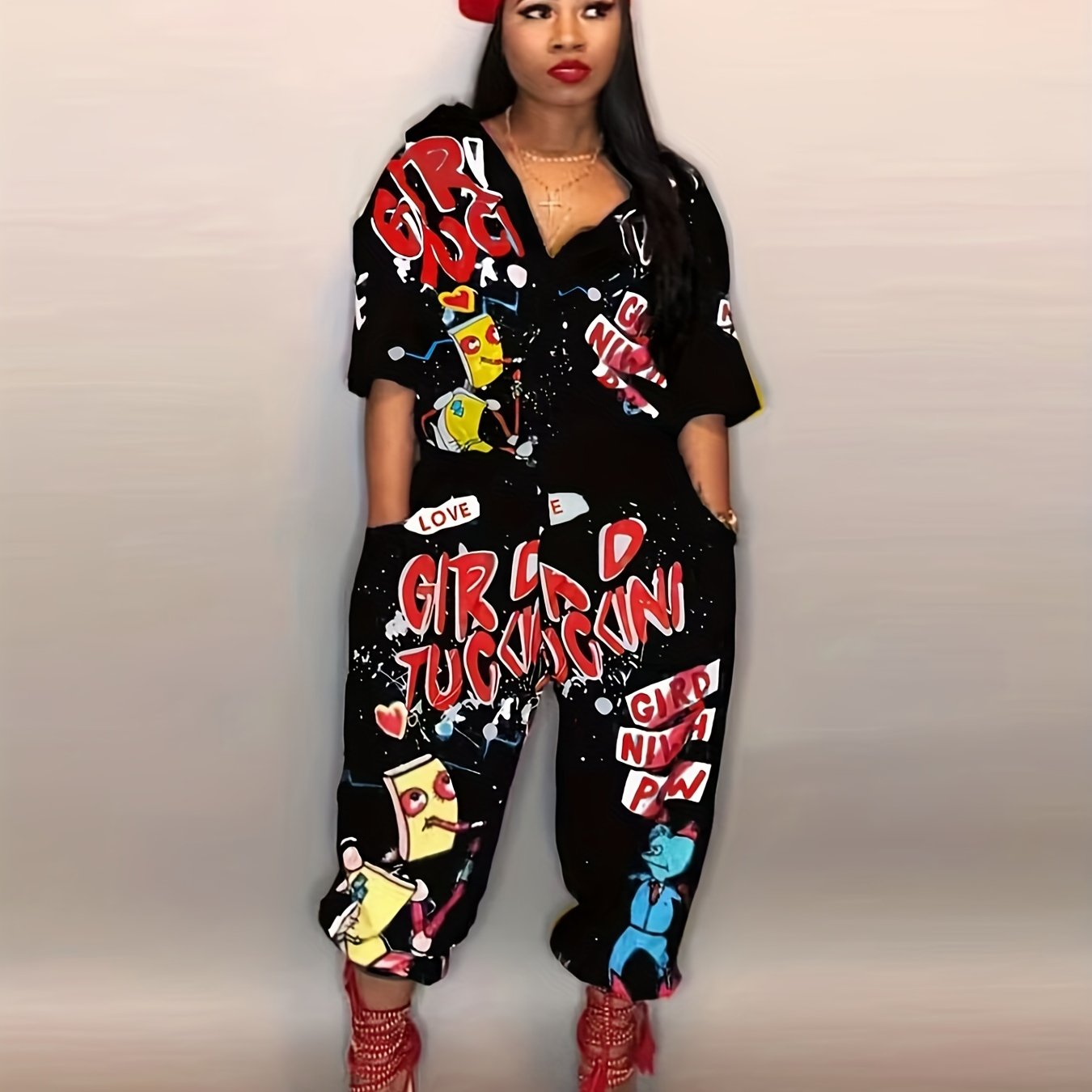 Graffiti Print Long Sleeve Button Jumpsuit