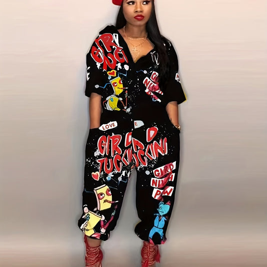 Graffiti Print Long Sleeve Button Jumpsuit