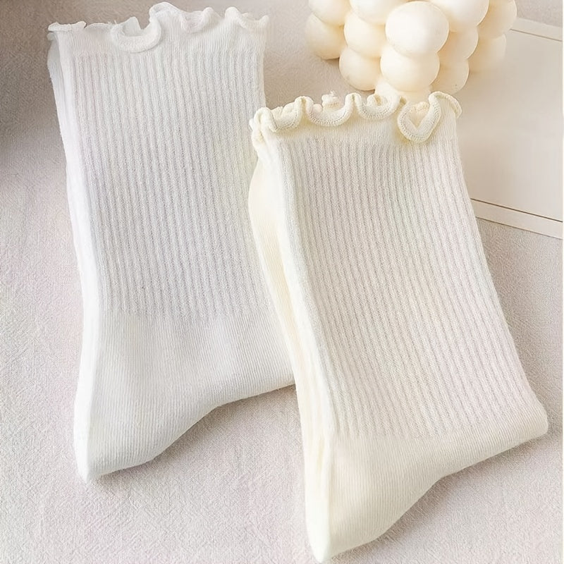 3 Pairs Frilled Mid Tube Socks Solid Color Breathable Sweat Absorbent Crew Socks