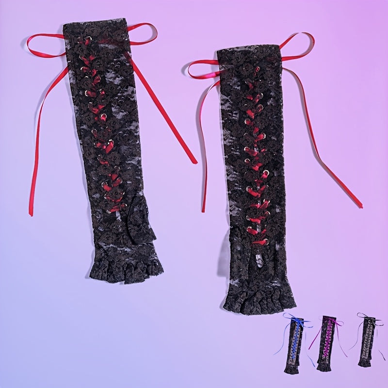 Nightclub Lace Strap Gloves Long Ribbon Knot