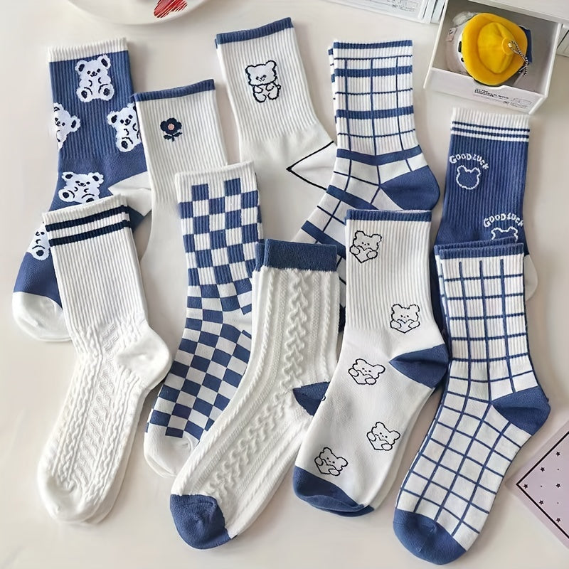 Bear Print Crew Socks Plaid Stockings 6 8 10 Pairs