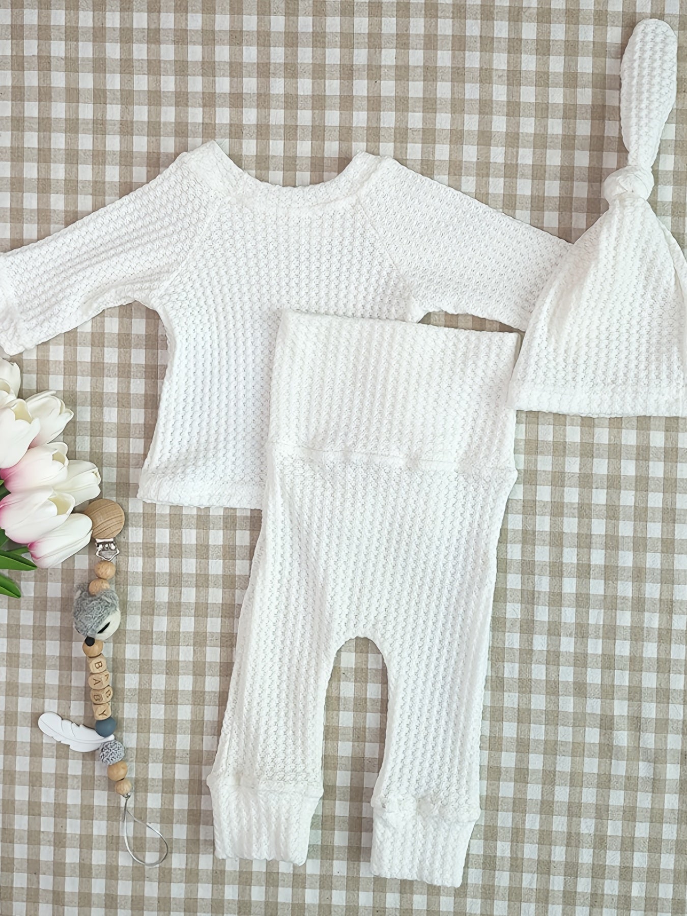 Unisex Baby Waffle Set Long Sleeve Top Trousers Hat 3pcs