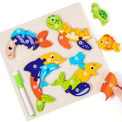 Wooden Animal Puzzle Toy with Reusable Drawing Board Educational Play