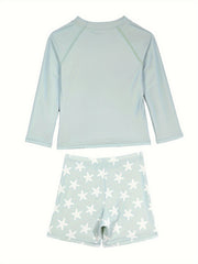 2 Pcs Star Pattern Swimsuit Boys Long Sleeve Top & Swim Trunks Set