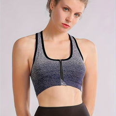Ombre Front Zipper Shockproof Sports Top Racer Back Fitness Yoga Tan Top