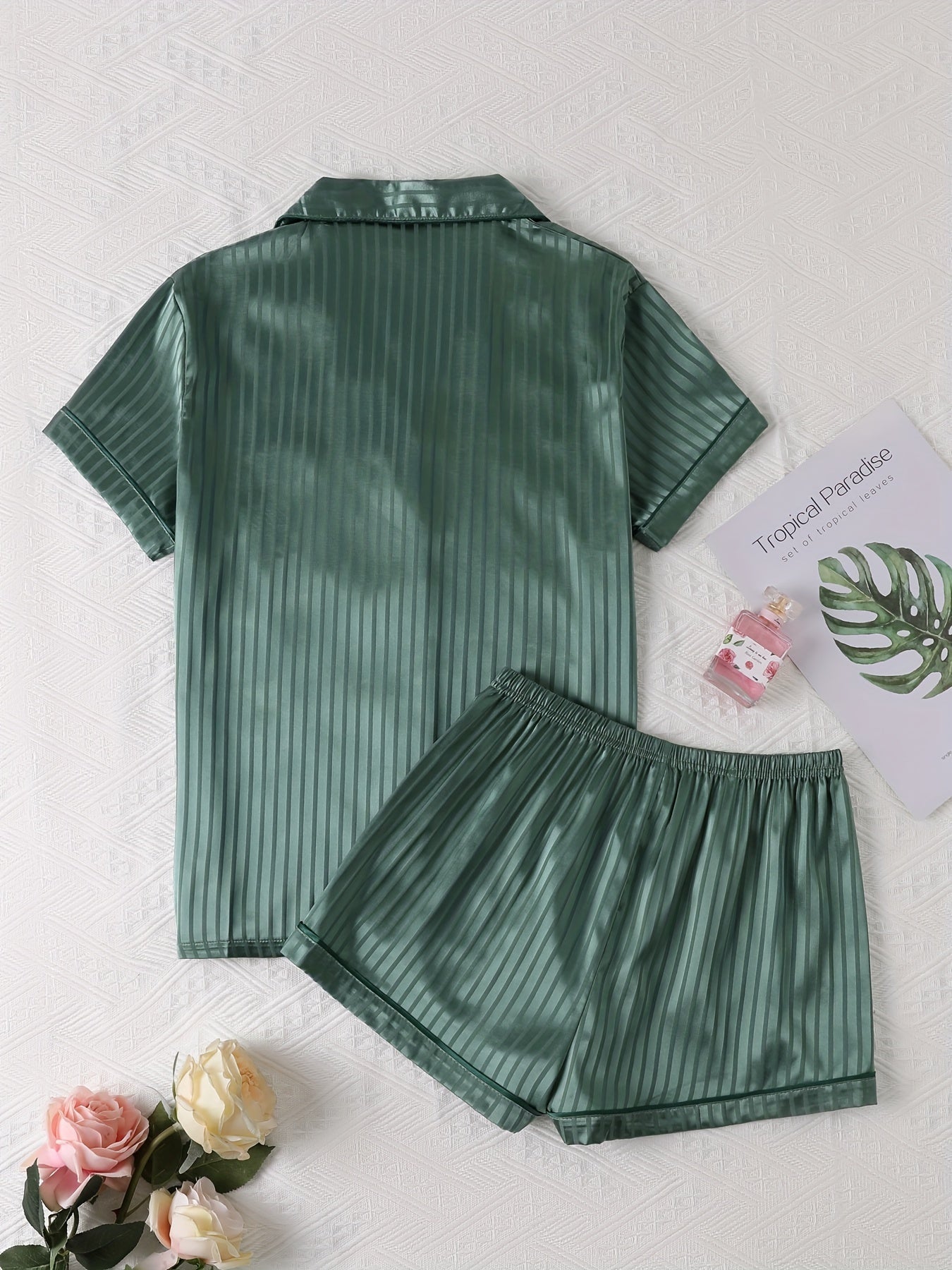 Striped Satin Pajamas Set Short Sleeve Top & Shorts