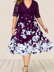 Casual Dress Women's Plus Floral Print Lace Sleeve Midi Party Dress