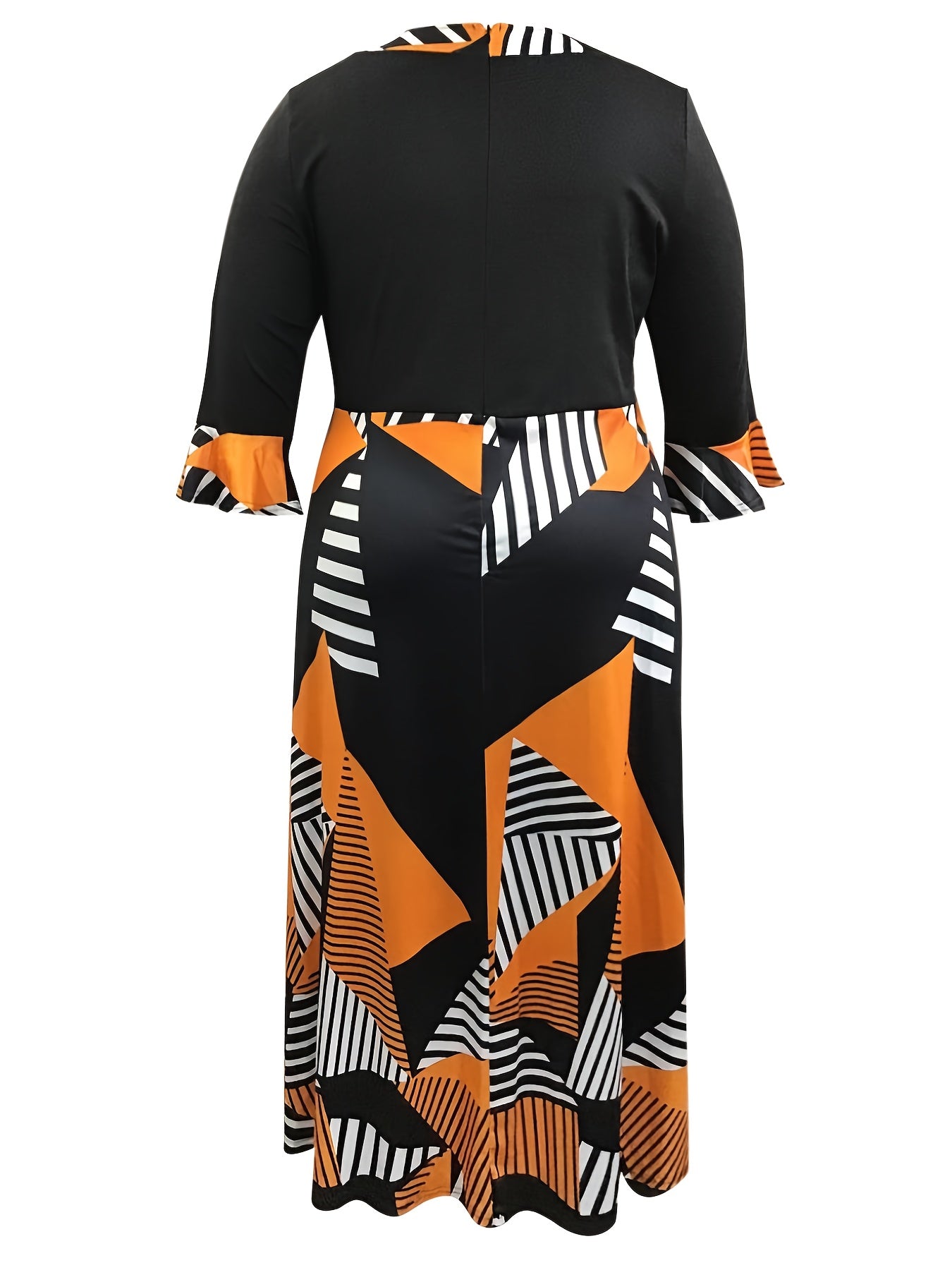 Colorblock Geometric Print Bell Sleeve Maxi Dress
