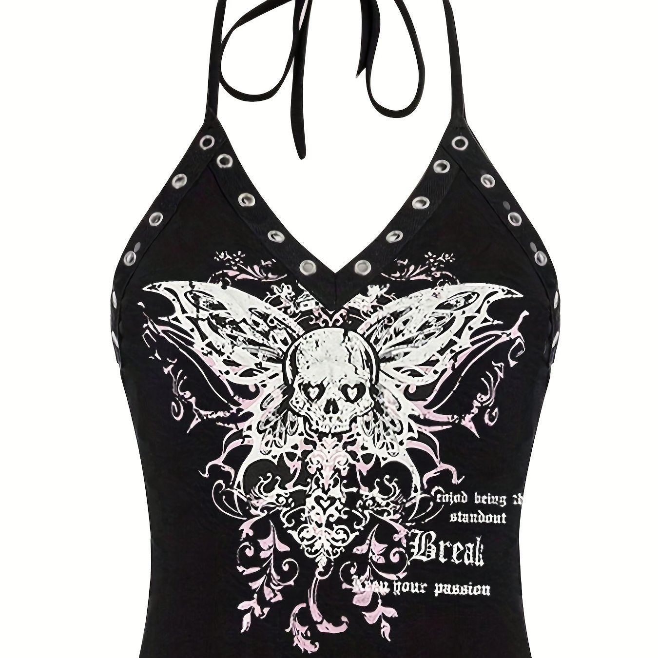 Skull Butterfly Halter Top Y2K V Neck Tie Back Summer Sleeveless