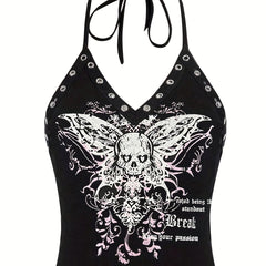 Skull Butterfly Halter Top Y2K V Neck Tie Back Summer Sleeveless