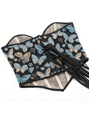 Butterfly Pattern Strapless Corset Tummy Control Lace Up Slimmer Body Shaper