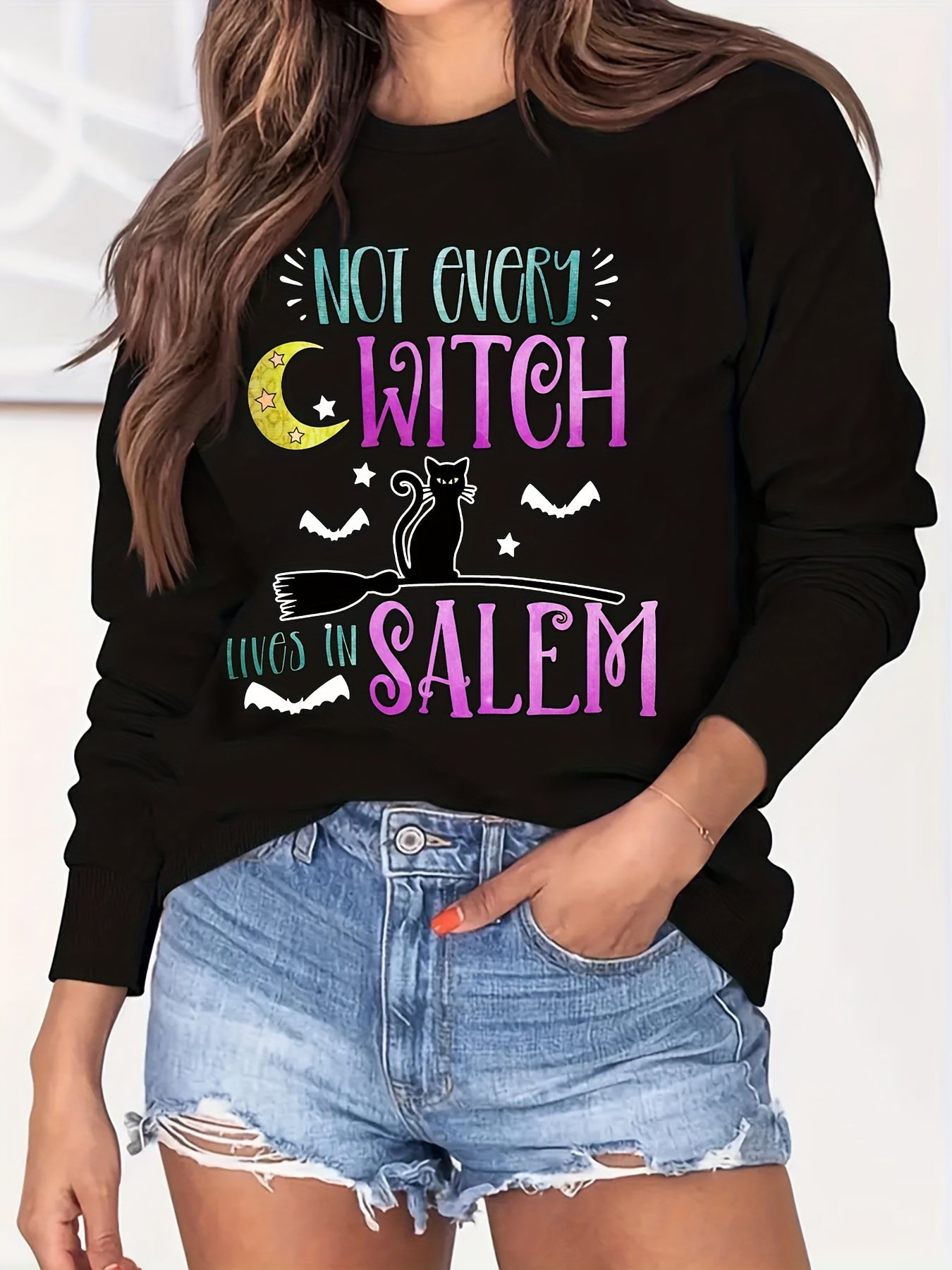 Halloween Witch Print Loose Sweatshirt Casual Long Sleeve Crew Neck