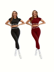 Letter Printed Short Sleeve and Leggings Set for Yoga