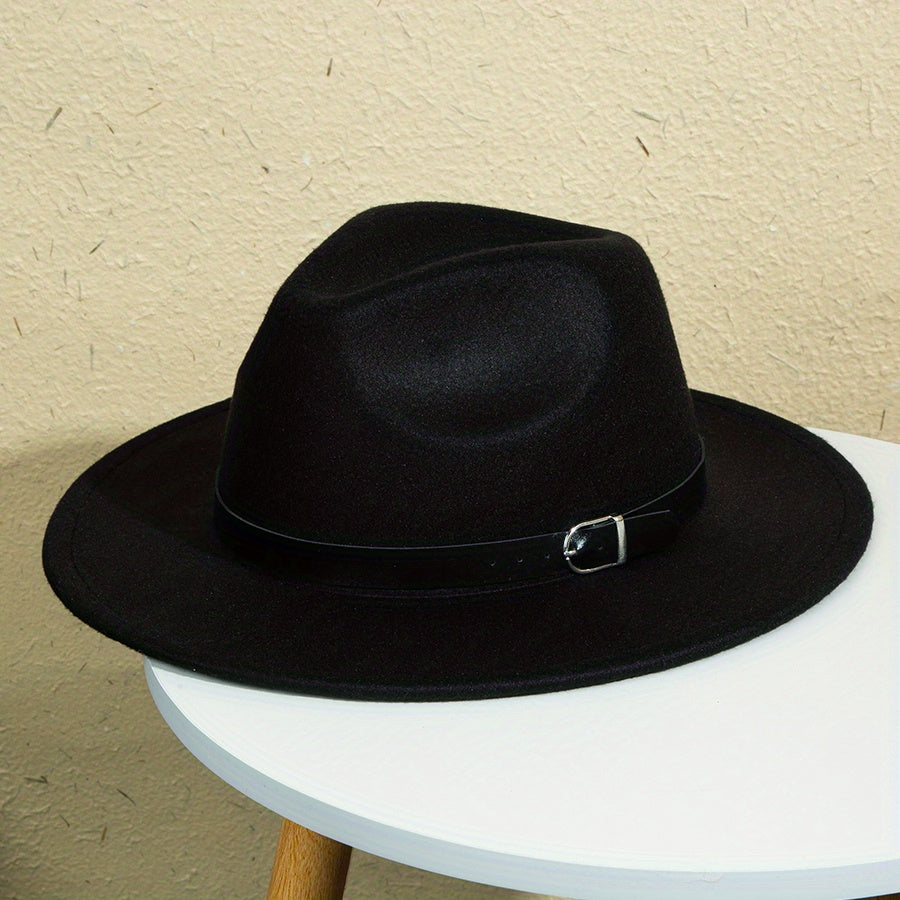 Metal Buckle Decor Big Brim Jazz Hat Men Women Retro Top Hat