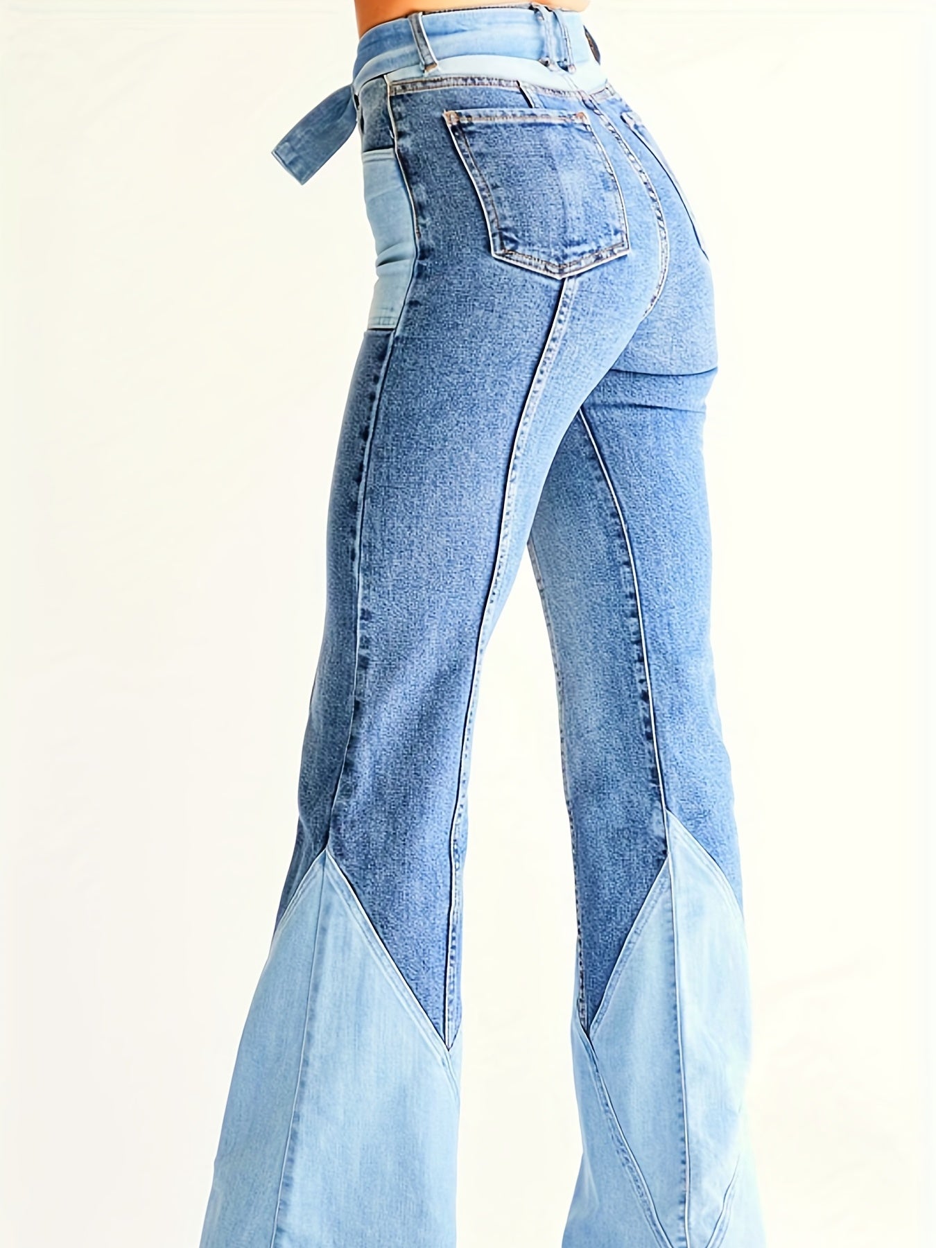 Colorblock High Waist Flare Jeans With Pockets