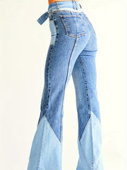 Colorblock High Waist Flare Jeans With Pockets