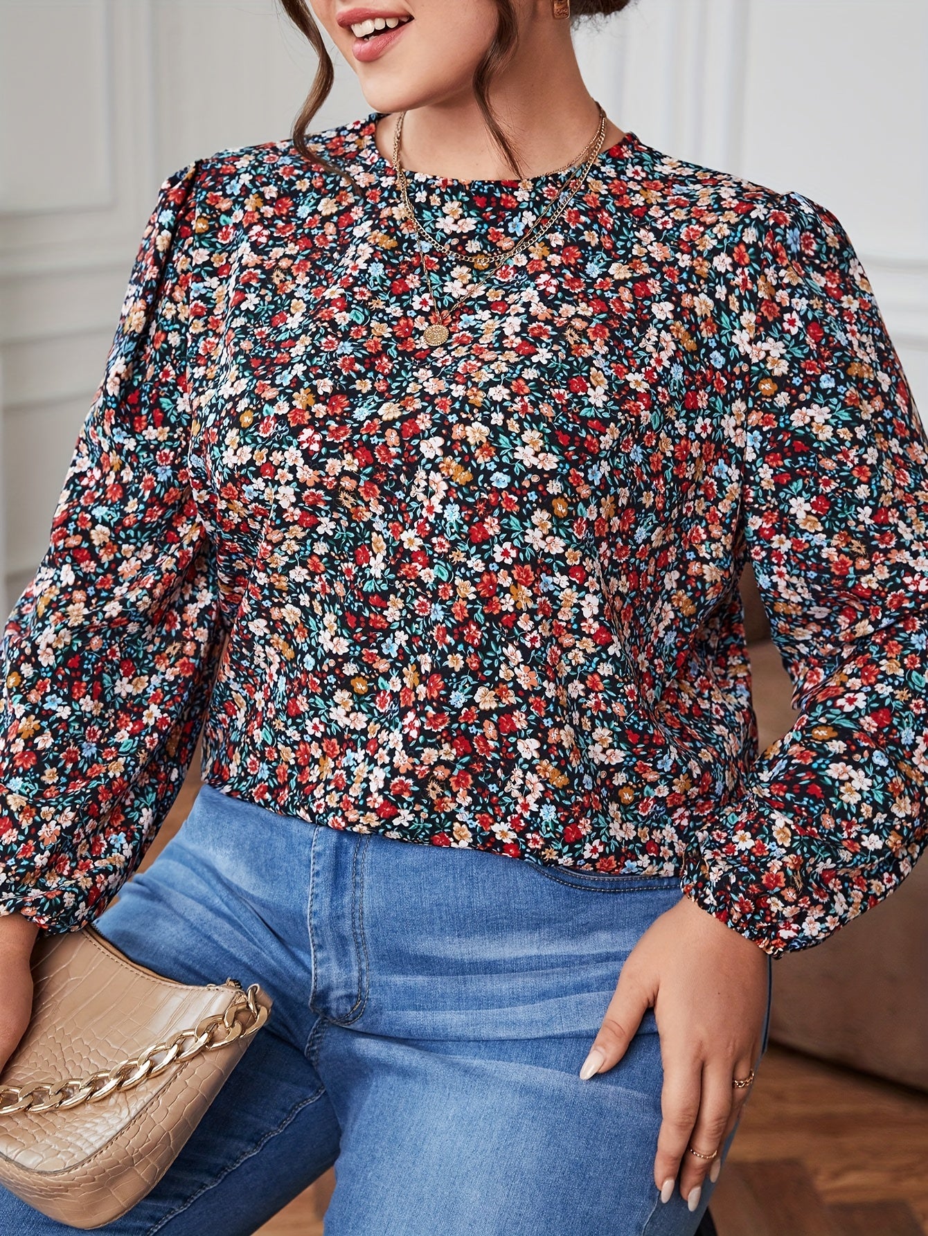 Women's Plus Ditsy Floral Lantern Sleeve Boho Blouse