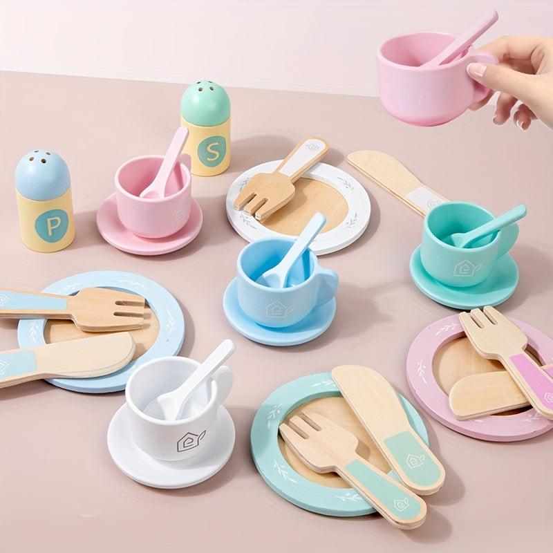 Wooden Play Kitchen Utensil Set Cups Dishes Knives Forks Spoons Educational Toy