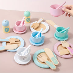 Wooden Play Kitchen Utensil Set Cups Dishes Knives Forks Spoons Educational Toy