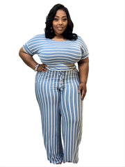 Striped Wide Leg Short Sleeve Jumpsuit Women's Plus Medium Stretch