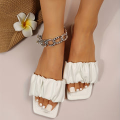 Women's Pleated Slide Sandals Square Toe Comfy Slip On Flats