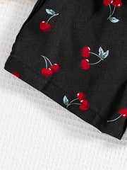 Girls Cherry Print Off Shoulder Camisoles & Elastic Waist Shorts Set