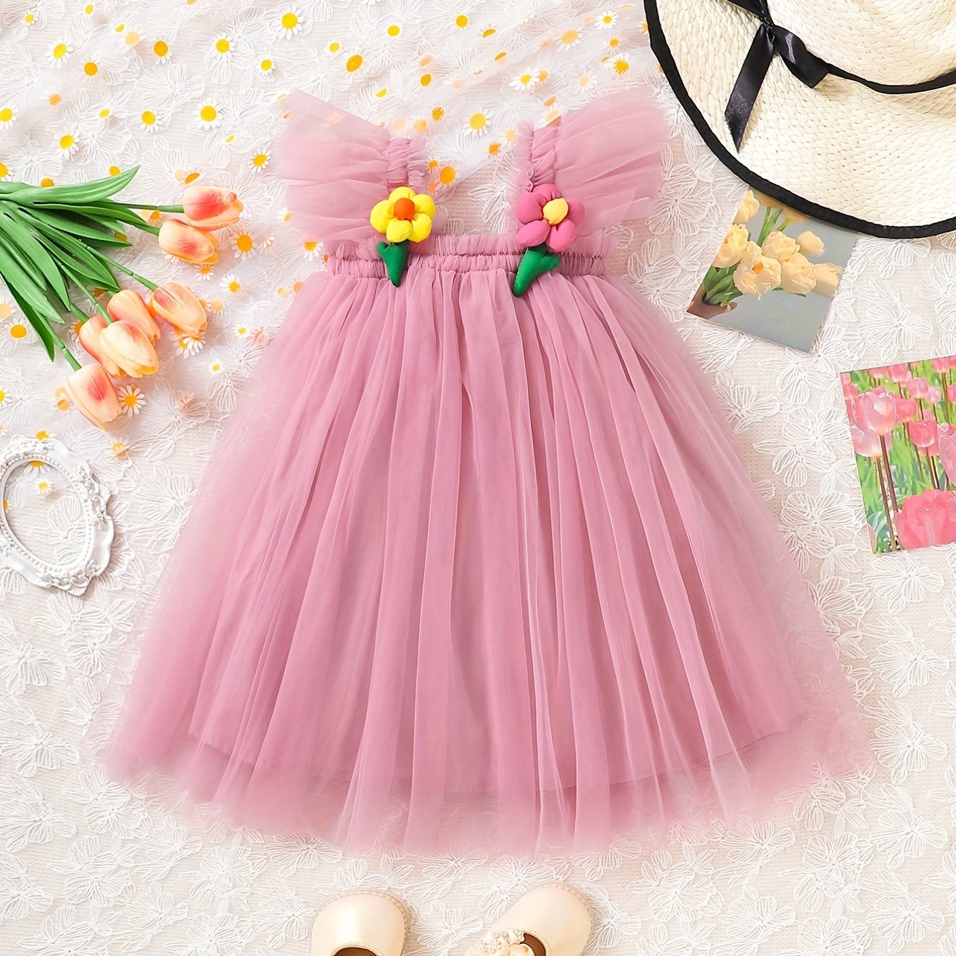 Girls Sweet Princess Mesh Puffy Skirt Ruffle Overall Dress