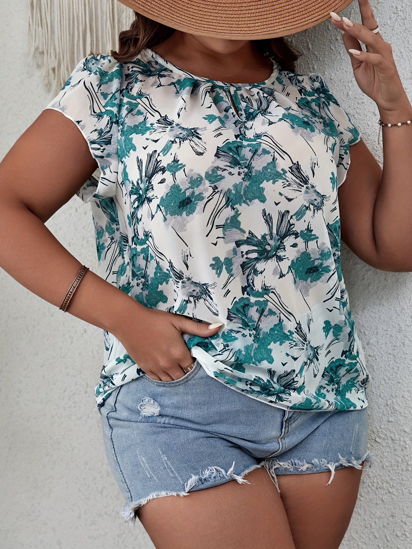 Casual Blouse Women's Plus Floral Print Short Sleeve Round Neck