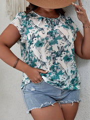 Casual Blouse Women's Plus Floral Print Short Sleeve Round Neck