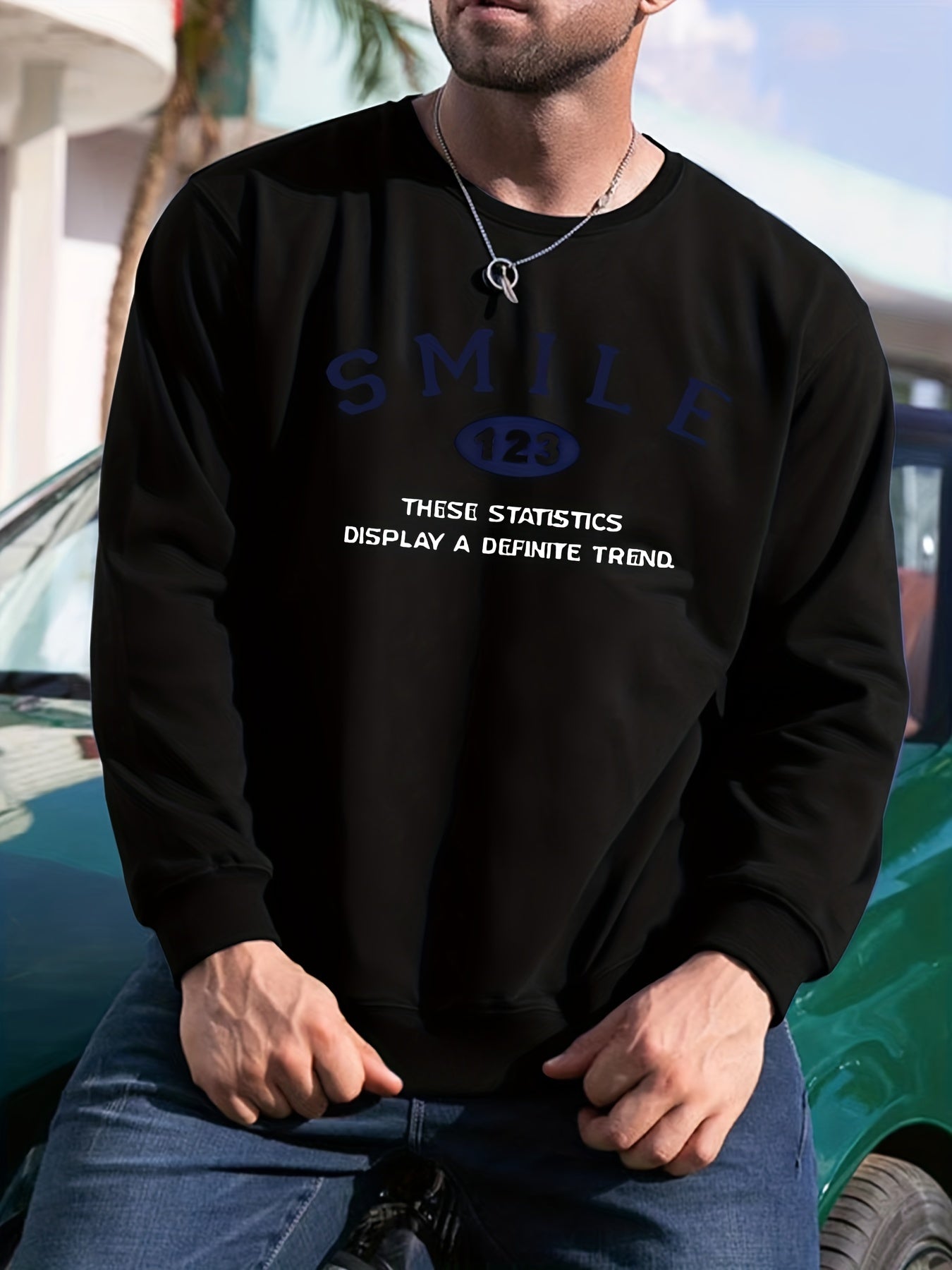 SMILE Print Sweatshirt Men's Casual Graphic Crew Neck Pullover Sweatshirt