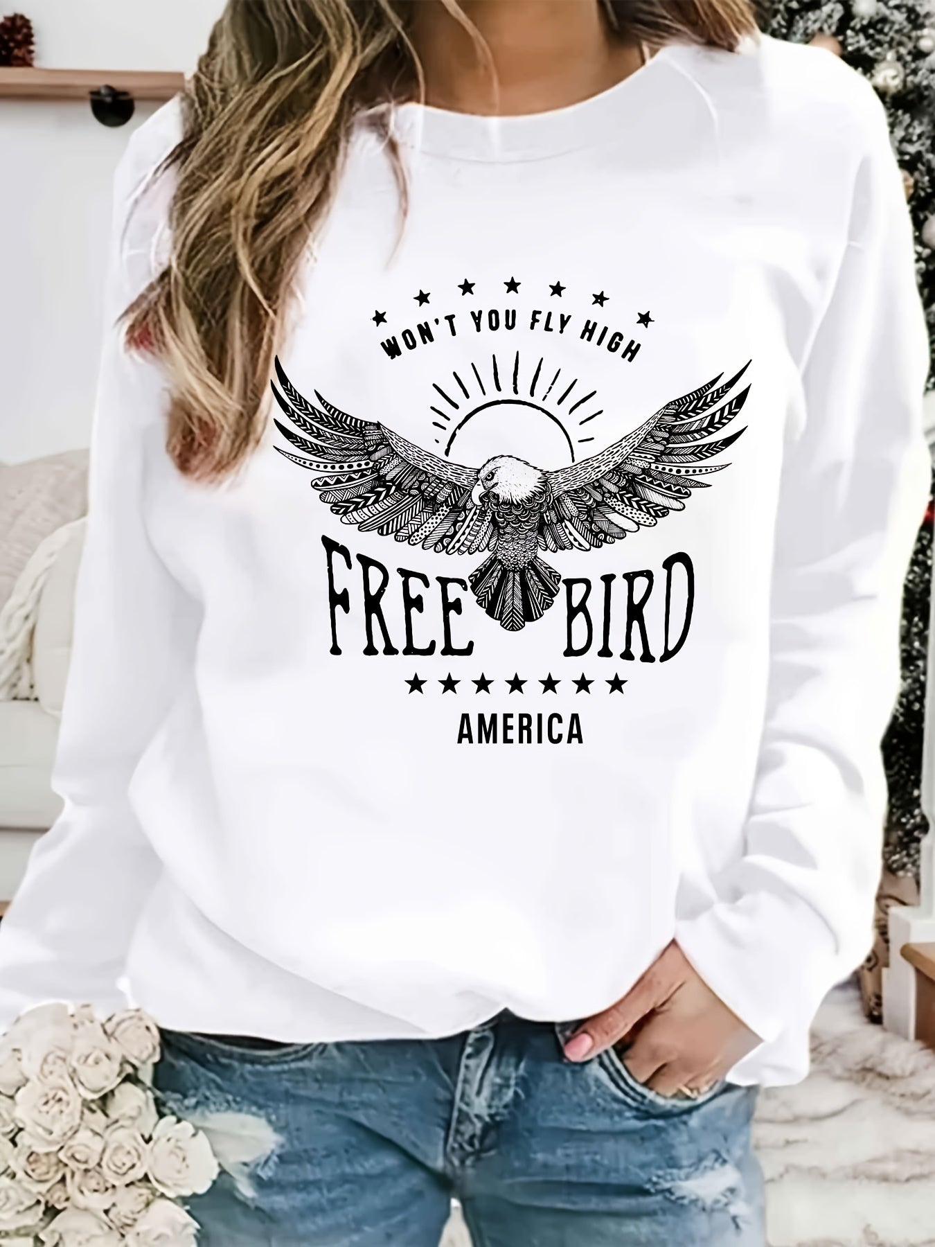 Eagle America Print Sweatshirt Crew Neck Casual Long Sleeve