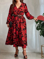 Casual Dress Women's Plus Floral Print Long Sleeve V Neck