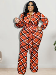 Plaid Print Long Sleeve Jumpsuit with Belt