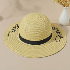 Sunshine Embroidery Sun Hat Wide Brim Khaki Floppy Travel Beach Hat