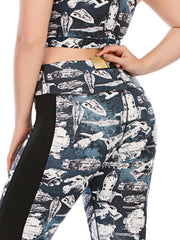 Colorblock Spaceship Print Yoga Sports Leggings Plus Size