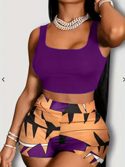 Summer Two Piece Set Cropped Tank Top & Geometric Print Shorts
