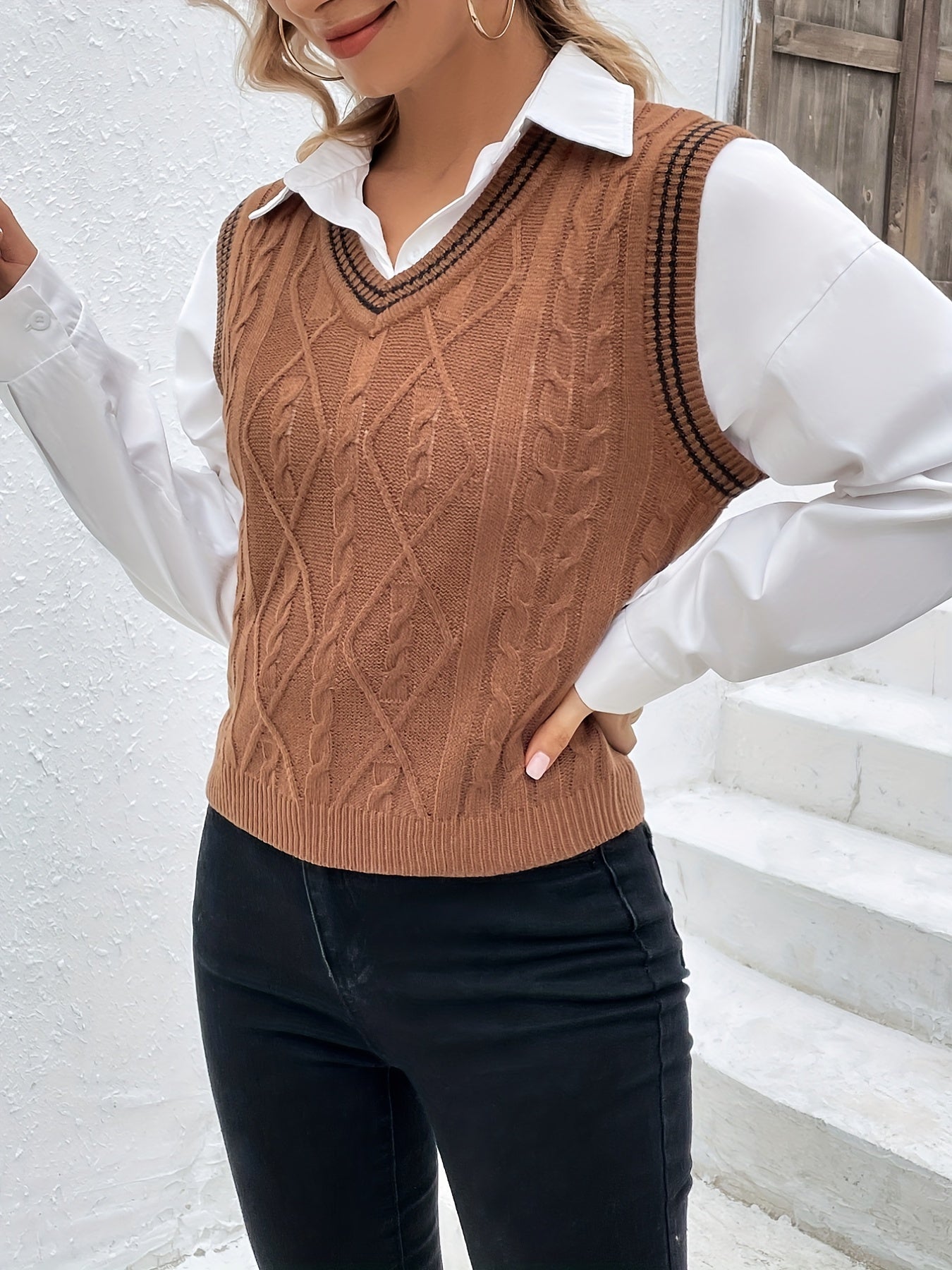 Sleeveless V Neck Sweater Vest with Contrast Trim