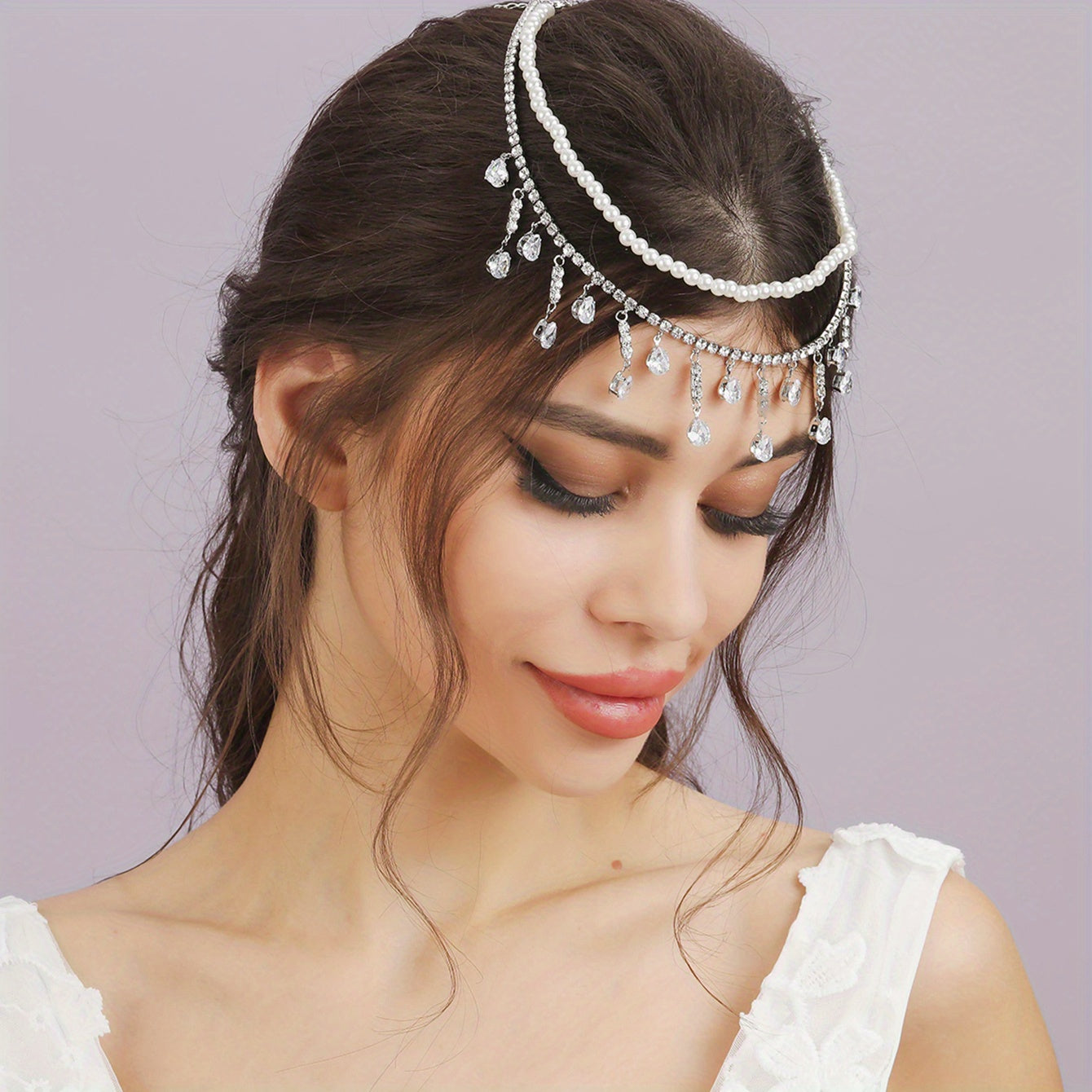 Bridal Zircon Faux Pearl Headband Rhinestone Pendant Tassel Hair Accessory