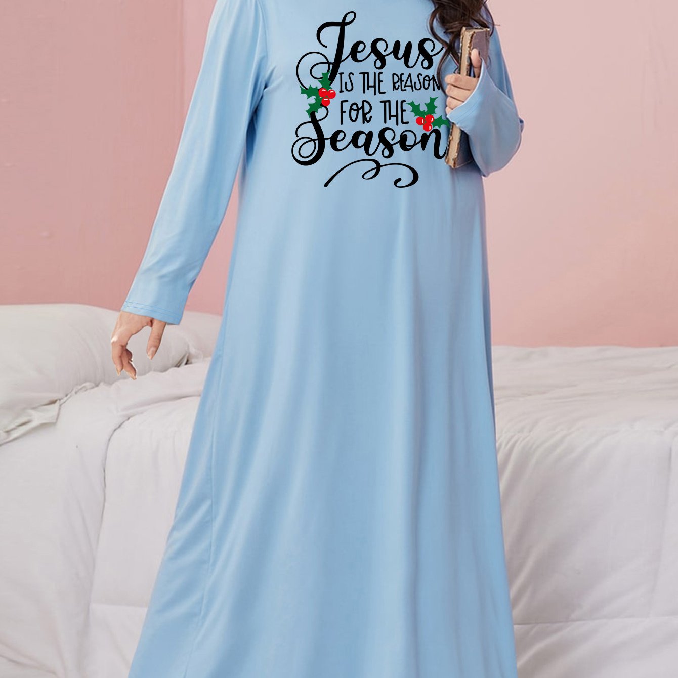 Nightdress Women's Plus Slogan Print Long Sleeve