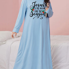 Nightdress Women's Plus Slogan Print Long Sleeve