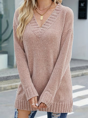 Casual Sweater Women's Plus Solid V Neck Jumper
